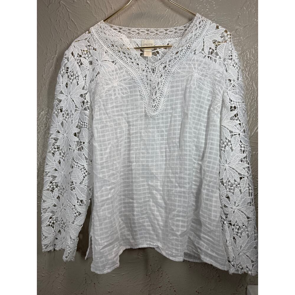 Chico's Petite Womens White Sheer Floral‎ Cut Out Sleeves Tunic Top Size 2P